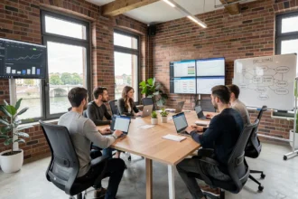 Bureau de consultant SEO moderne à Toulouse avec équipe au travail sur des stratégies de référencement naturel en Haute-Garonne