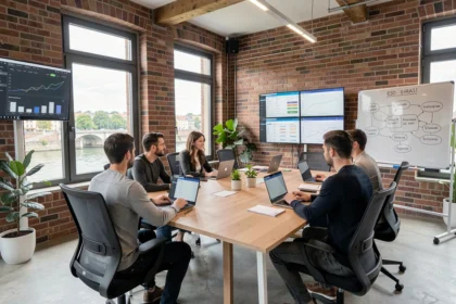 Bureau de consultant SEO moderne à Toulouse avec équipe au travail sur des stratégies de référencement naturel en Haute-Garonne