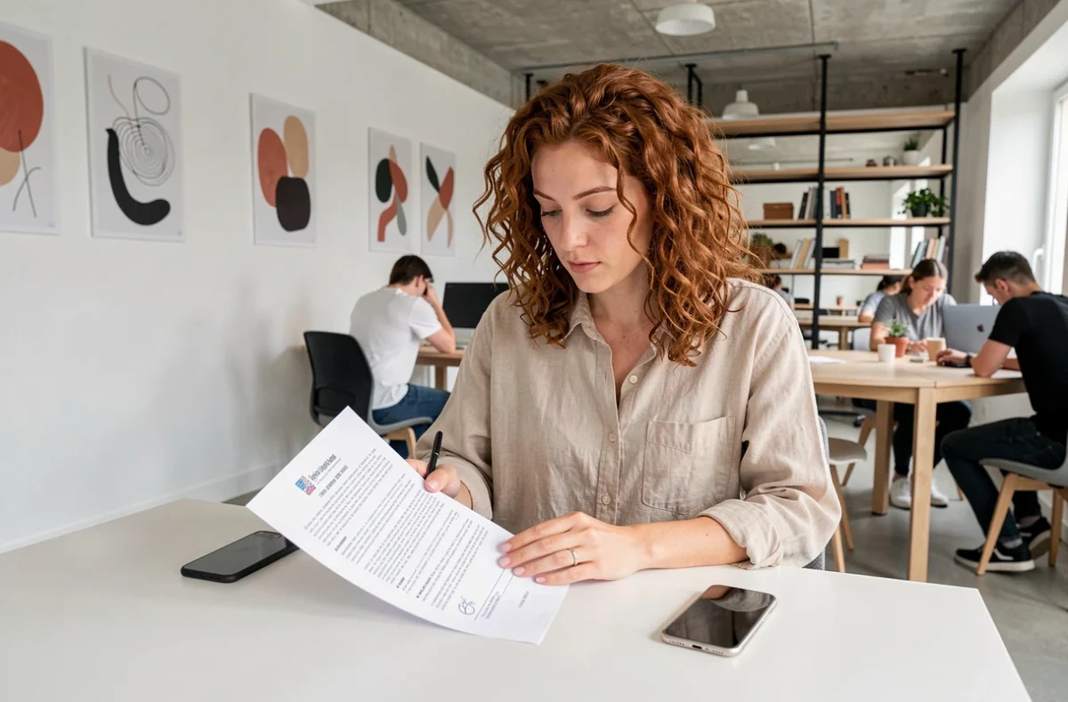 Freelance française relisant un contrat de full remote dans un espace de coworking à Lyon