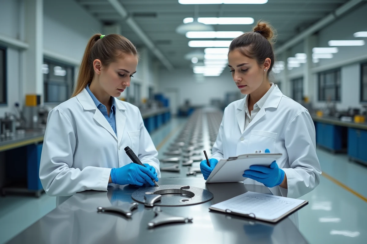 Ingénieures en contrôle qualité inspectant des aubes de turbine grenaillées dans un laboratoire industriel