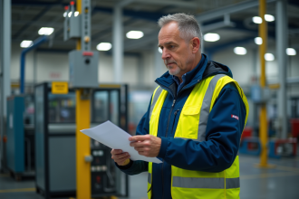 Homme en veste de sécurité vérifiant une checklist en industrie