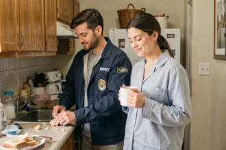 Couple en horaires décalés 2x8 partageant un moment matinal dans leur cuisine avant le départ au travail