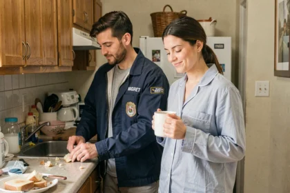 Couple en horaires décalés 2x8 partageant un moment matinal dans leur cuisine avant le départ au travail