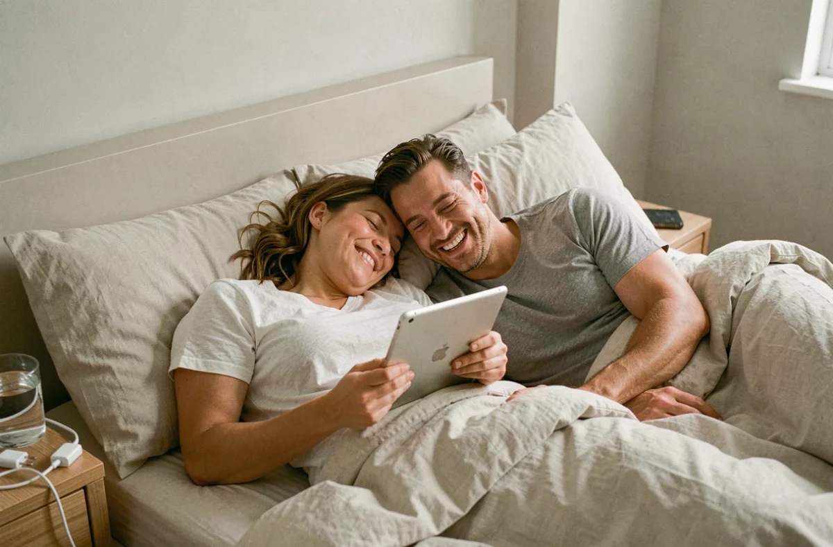 Couple profitant d'un moment de complicité au lit pendant un jour de repos commun malgré les horaires décalés