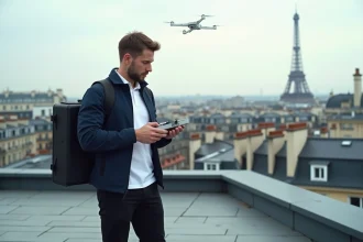 Livreur médical avec drone sur un toit parisien