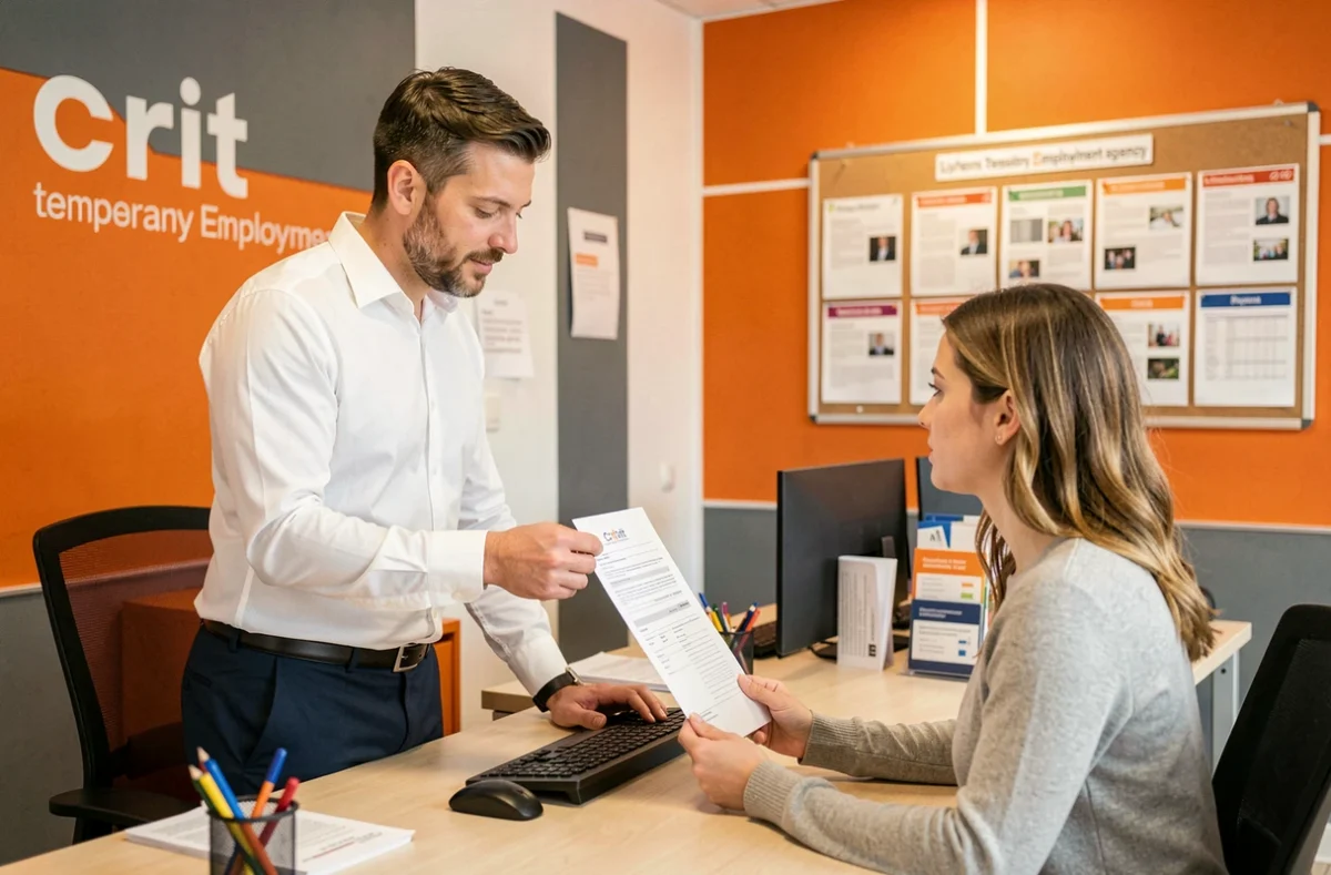 Conseiller de l'agence Crit Cergy en train d'examiner un contrat avec une candidate dans un bureau aux couleurs de la marque