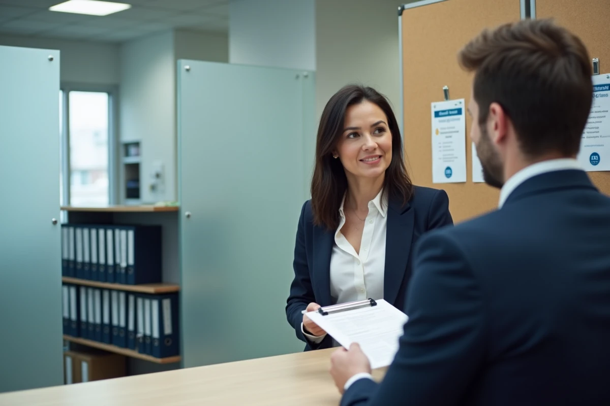 Femme consultant un conseiller pour ses démarches d'adhésion au réseau CRESS Midi-Pyrénées dans un bureau institutionnel
