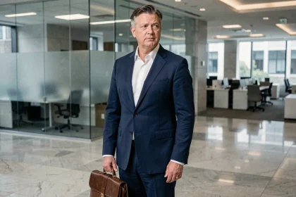 Cadre dirigeant quittant le siège d'une grande banque française, symbolisant le départ de Philippe Heim de La Banque Postale