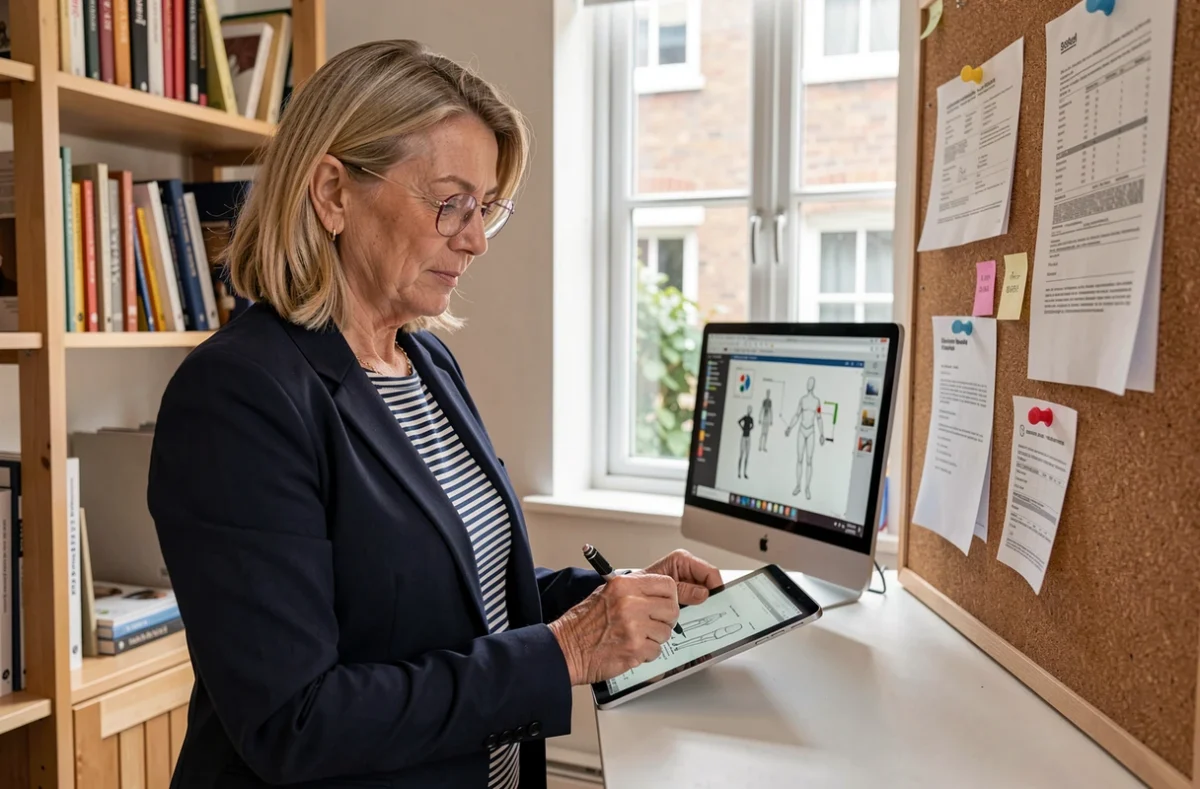 Designer graphiste indépendante gérant son activité via le portage salarial depuis son bureau à domicile