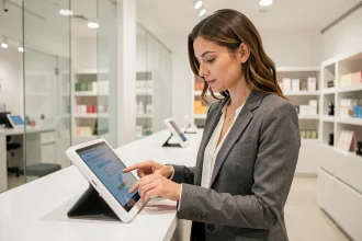 Femme interagissant avec une tablette tactile dans un espace de vente moderne, illustrant la digitalisation de l'expérience client en 2026