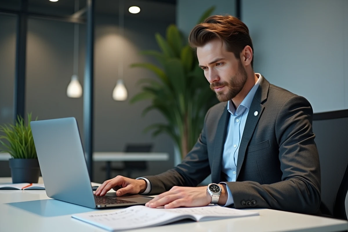 Directeur d'hôtel consultant une grille salariale et une brochure de formation hôtelière dans un bureau professionnel moderne