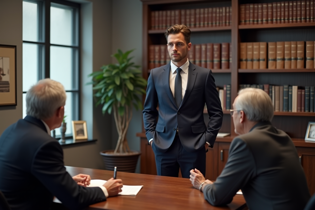Homme en costume discutant avec un client dans un bureau