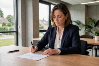 Femme entrepreneur signant les documents de domiciliation de son entreprise dans les Yvelines