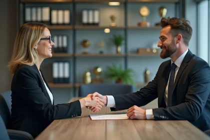 Homme et femme d affaires se serrant la main dans un bureau moderne