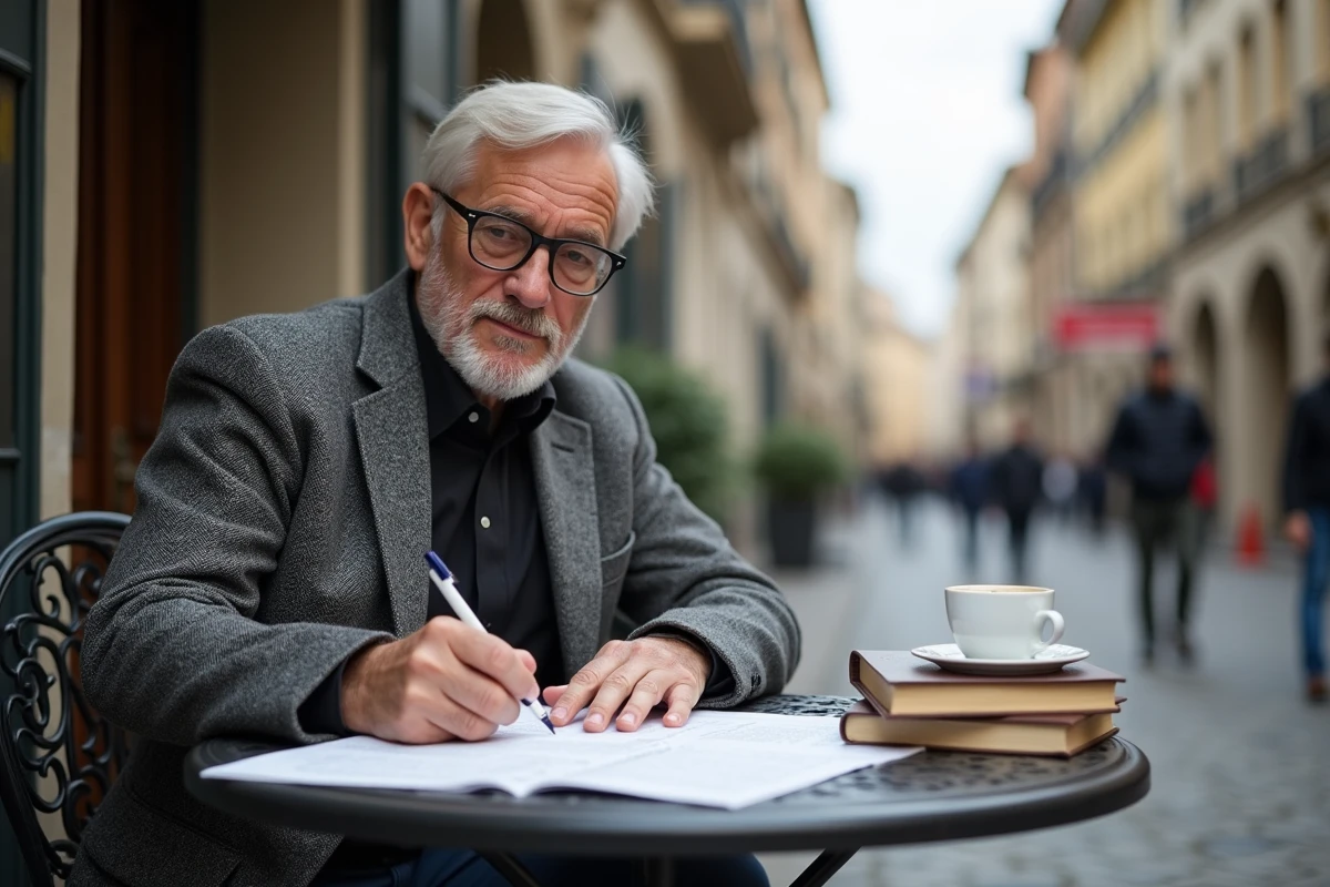 Économiste senior annotant un rapport sur le secteur tertiaire français en terrasse de café à Lyon