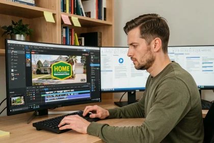 Éditeur vidéo ajoutant un logo de marque de bricolage sur une vidéo YouTube dans un bureau à domicile