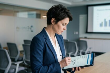 Formatrice utilisant une tablette pour valider l'émargement numérique des participants lors d'une session de formation en entreprise