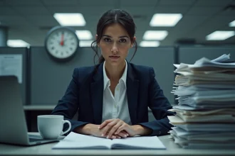 Employée de bureau travaillant tard le soir avec un contrat 39h et heures supplémentaires visibles sur une horloge murale