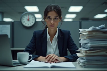 Employée de bureau travaillant tard le soir avec un contrat 39h et heures supplémentaires visibles sur une horloge murale