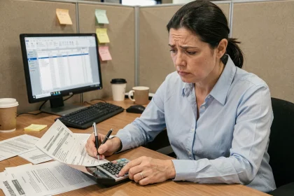 Femme employée intérimaire qui vérifie ses fiches de paie et son contrat 35h sur un bureau de bureau