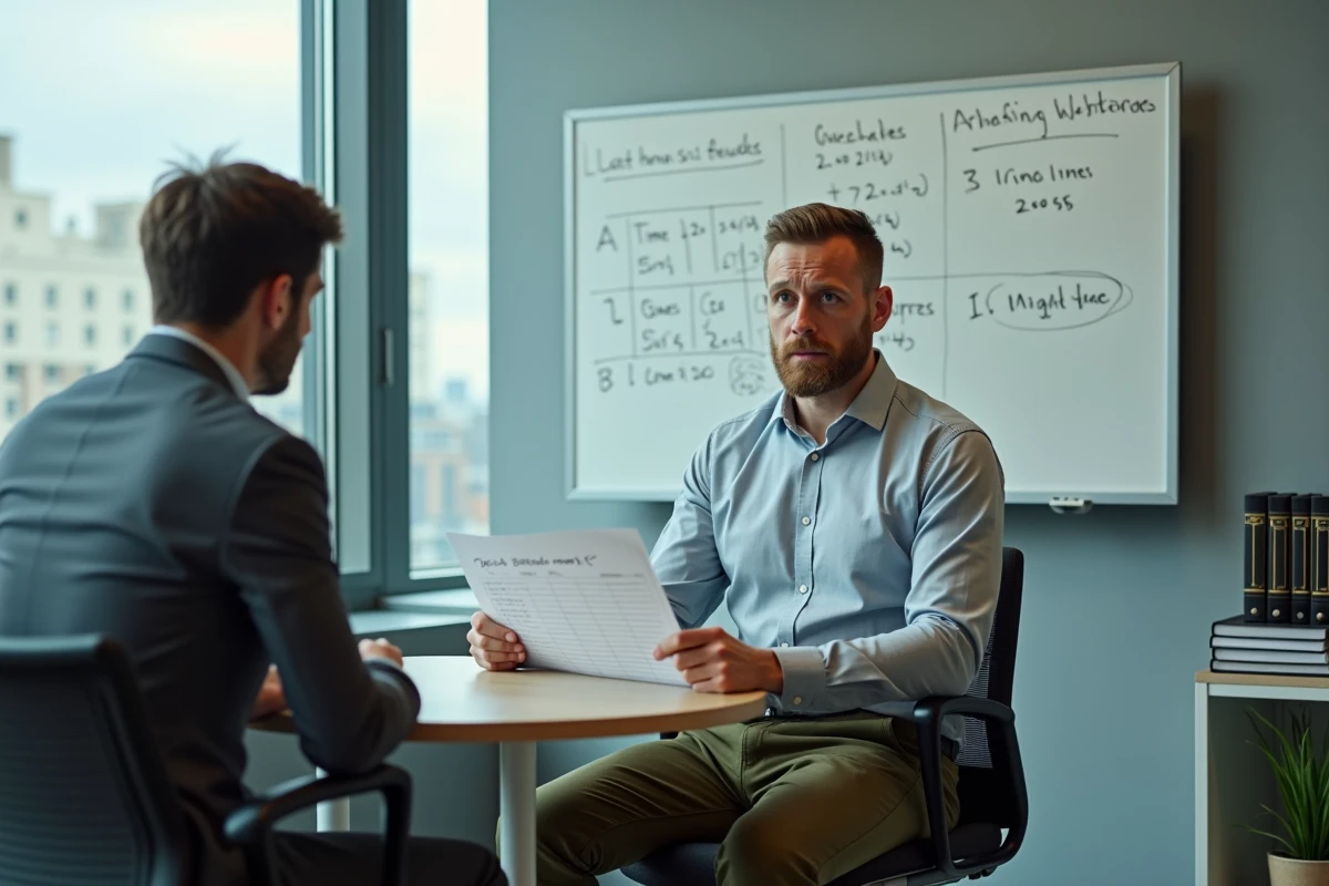 Employé à temps partiel discutant de son planning de travail avec un responsable autour d'un tableau de calcul des jours ouvrables