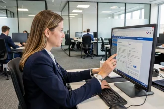 Employée Air France consultant l'intranet IPN sur son poste de travail en open space avant sa prise de poste