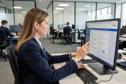Employée Air France consultant l'intranet IPN sur son poste de travail en open space avant sa prise de poste