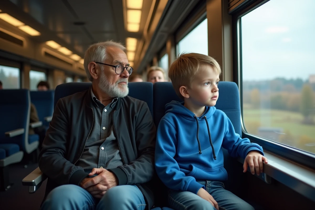 Garçon et grand-père regardant par la fenêtre dans un train