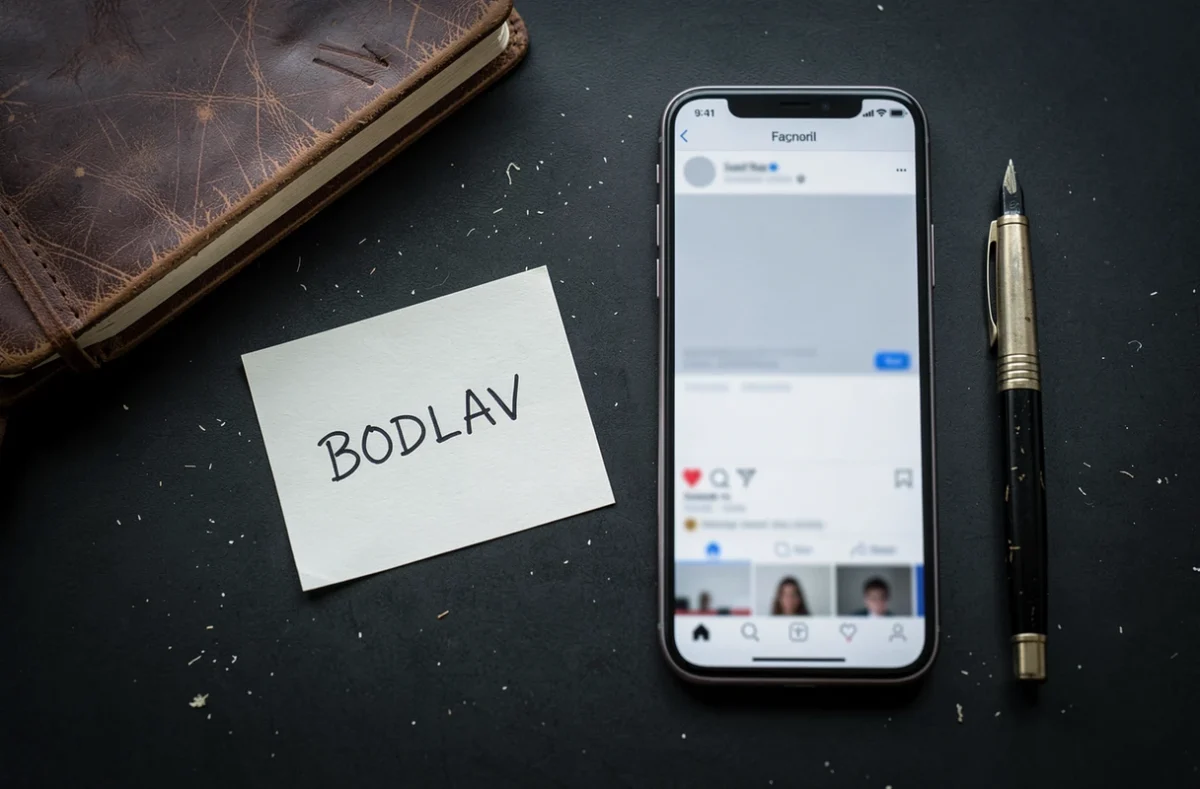 Gros plan sur une carte manuscrite portant le nom BODLAV posée à côté d'un smartphone affichant un profil anonyme, symbole d'enquête sur une marque ou un pseudonyme en ligne
