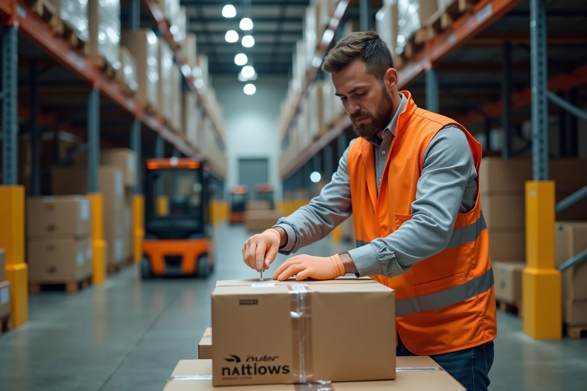 Employé d'entrepôt logistique préparant des colis alternatifs à DHL dans un grand centre de distribution