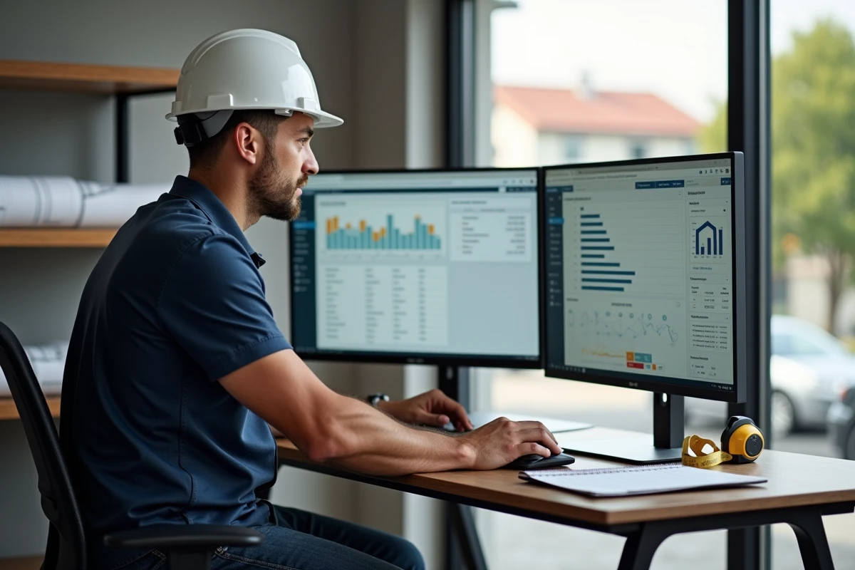 Entrepreneur BTP gérant le suivi administratif et financier de ses chantiers depuis son bureau avec un logiciel de gestion PME