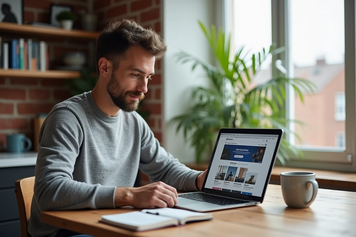 Entrepreneur masculin travaillant depuis son bureau à domicile avec un magazine business en ligne et un calendrier de réseaux sociaux sur tablette