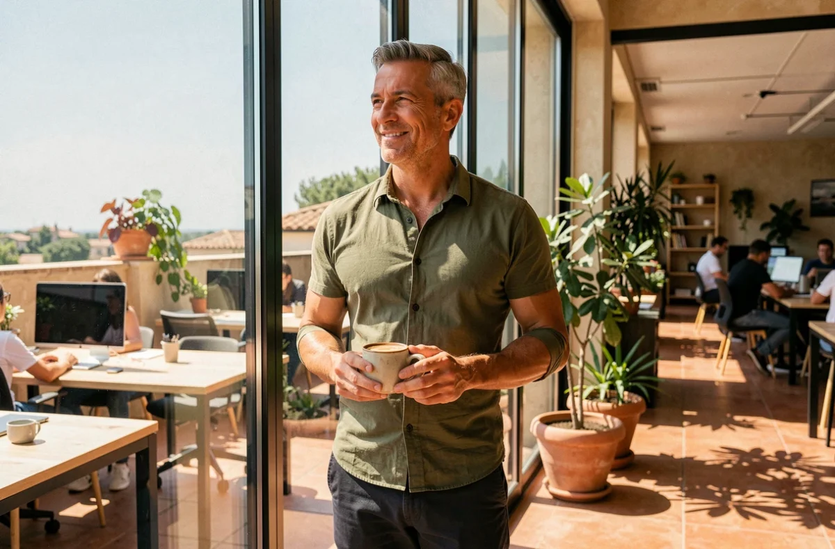 Entrepreneur masculin debout près d'une fenêtre dans un coworking à Martigues, tenant un café et regardant la vue avec sérénité