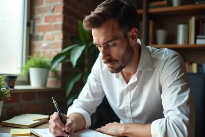 Entrepreneur concentré transformant une micro-idée en concept rentable dans un bureau minimaliste avec notes manuscrites et carnet de travail