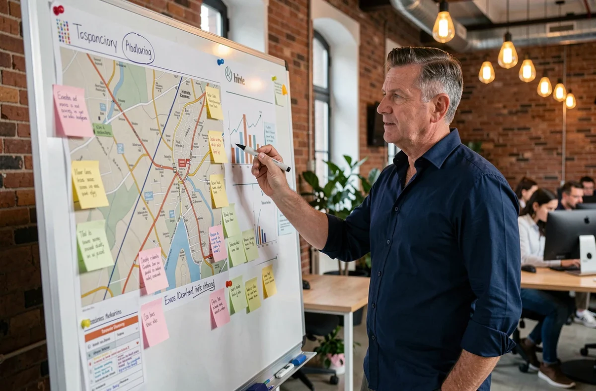 Entrepreneur masculin analysant une feuille de route stratégique sur tableau blanc dans un espace de coworking