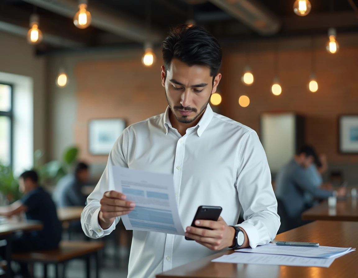 Entrepreneur vérifiant un extrait Kbis imprimé dans un espace de coworking moderne