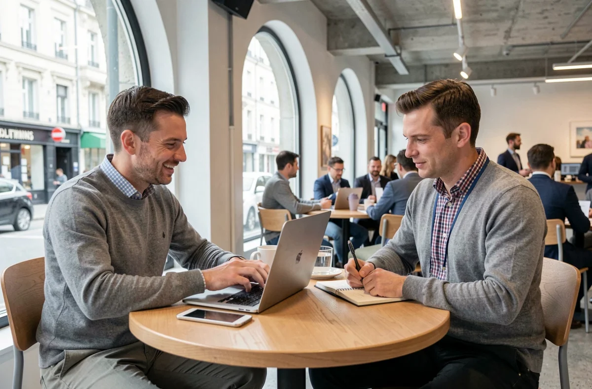 Deux entrepreneurs discutant d'opportunités professionnelles autour d'un ordinateur portable lors d'une session de networking gratuite lesentreprisesfrenchy