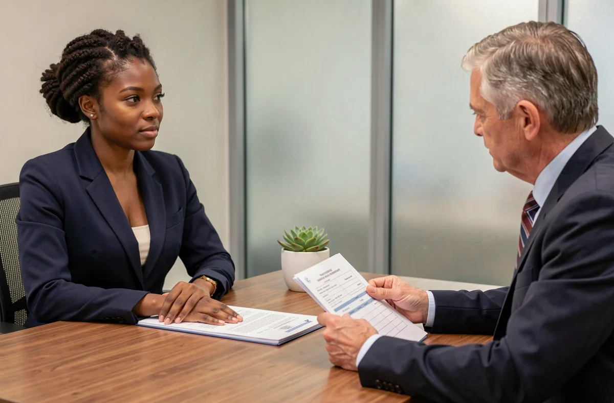 Candidate en entretien d'embauche face à un recruteur utilisant une grille d'évaluation structurée pour limiter les biais inconscients