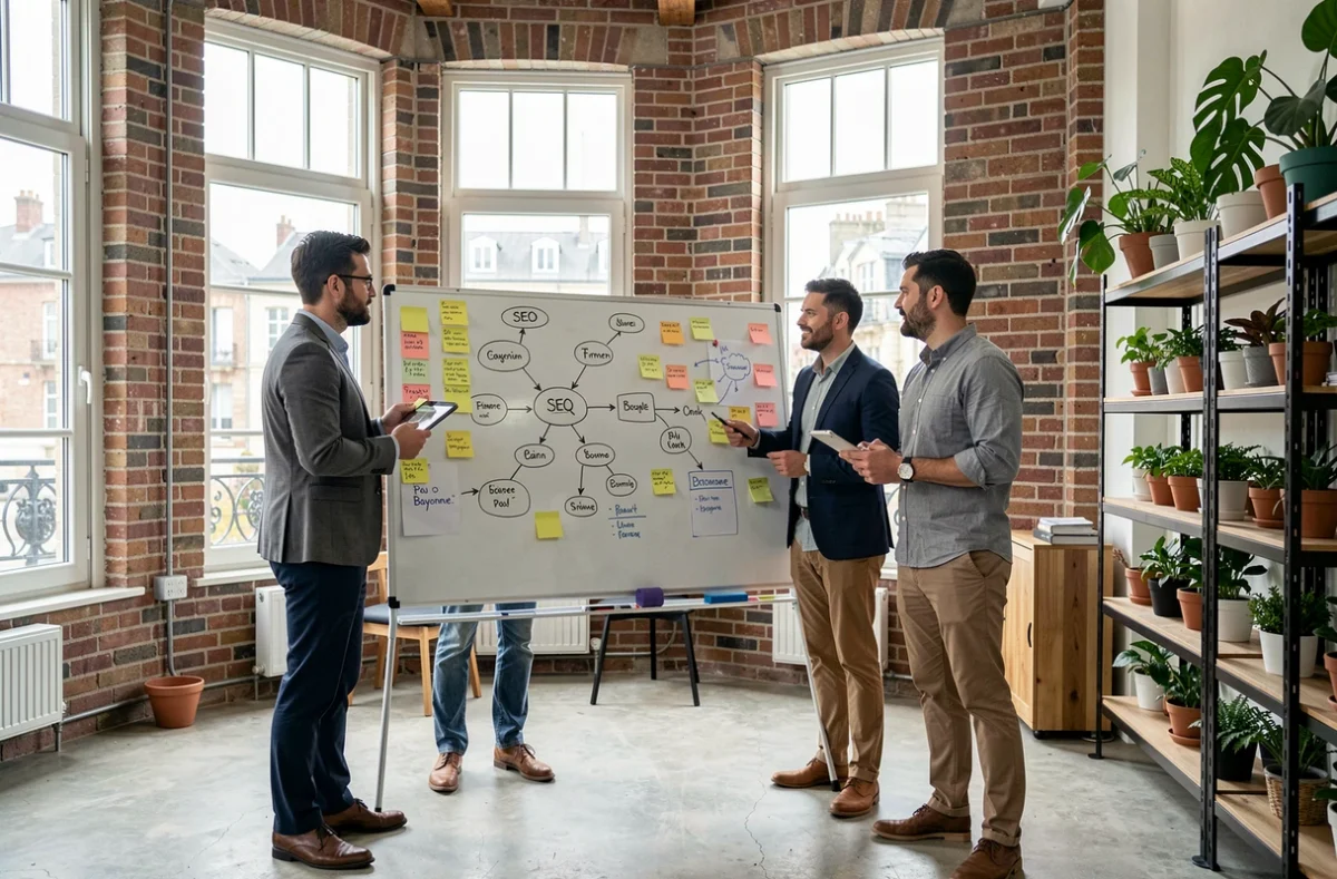 Équipe d'une agence SEO des Pyrénées-Atlantiques collaborant autour d'une stratégie de référencement naturel dans un espace de coworking moderne