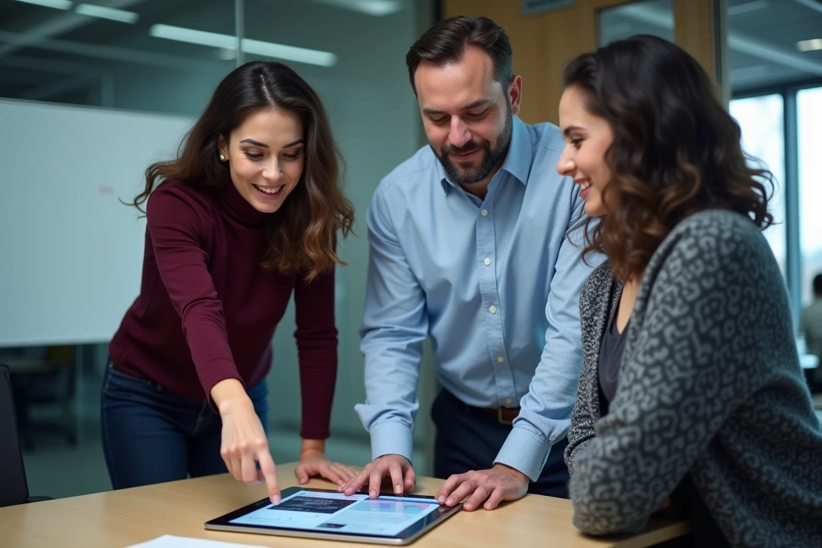 Équipe marketing en agence collaborant autour d'une stratégie combinant magazine business en ligne et campagnes sur les réseaux sociaux