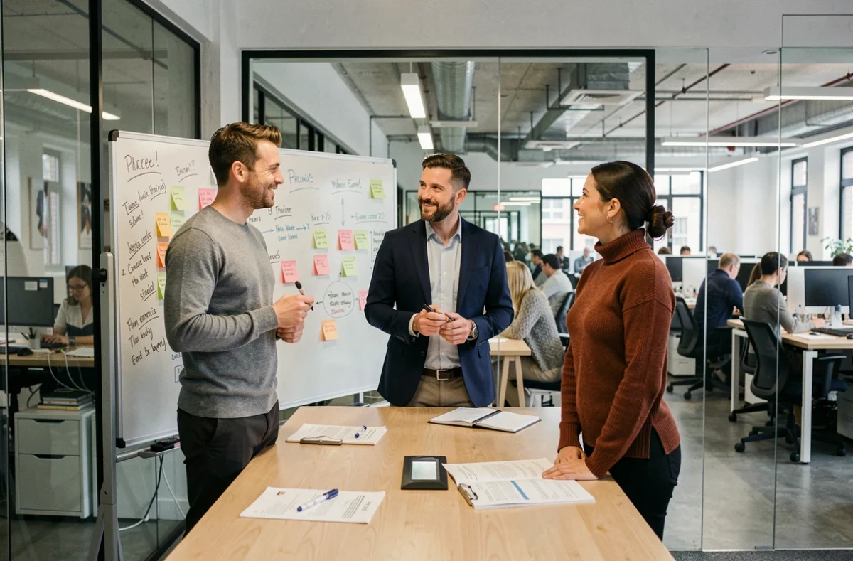 Équipe de professionnels en session de brainstorming dans une salle de réunion vitrée d'un coworking à Pantin