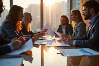 Groupe de professionnels en réunion de travail en bureau lumineux