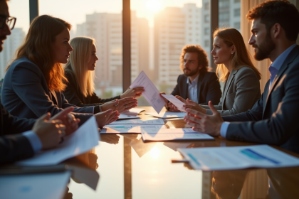 Groupe de professionnels en réunion de travail en bureau lumineux
