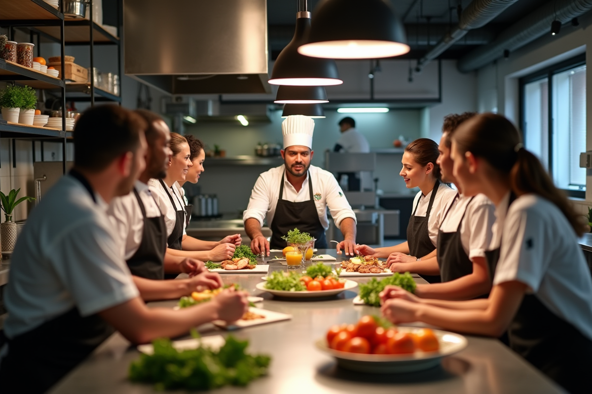 Discussion en cuisine avec une equipe diverse et ingrédients frais