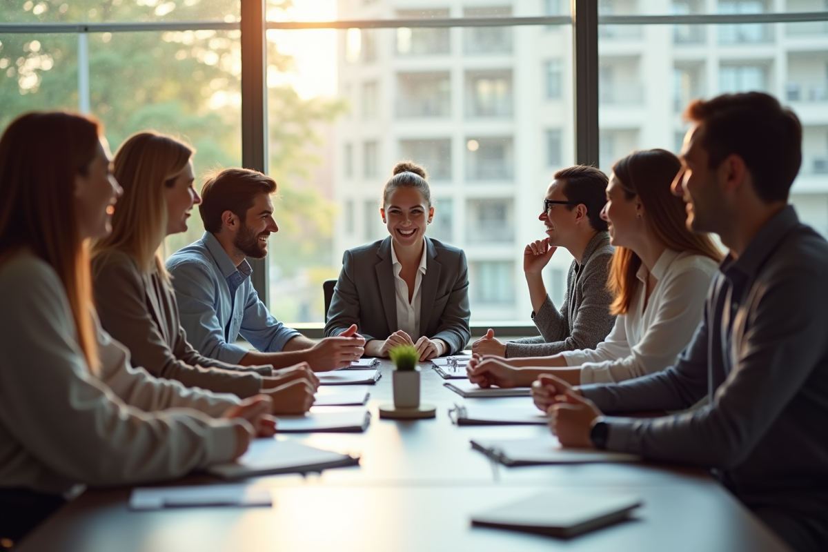 Groupe de collègues divers discutant autour d'une table de réunion