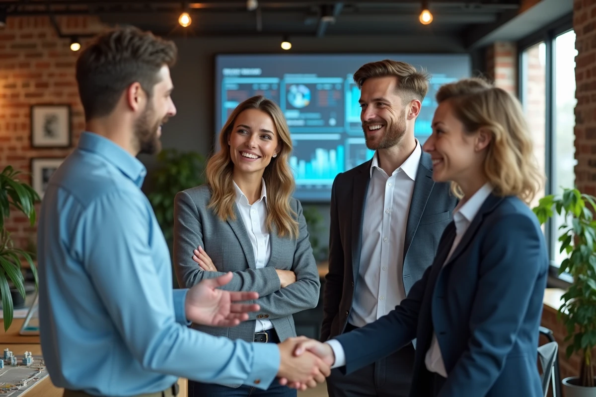 Groupe de professionnels discutant devant un &eacute;cran interactif