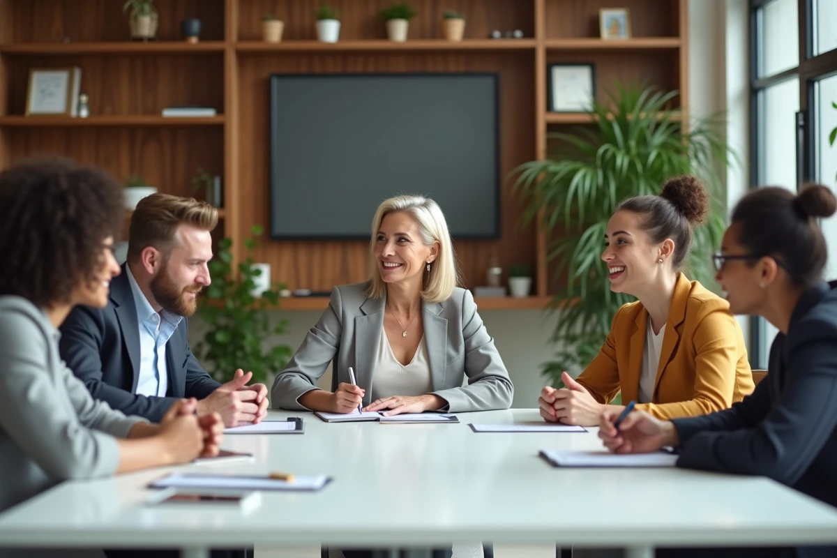 Groupe de travail diversifie en discussion dans une salle de r&eacute;union