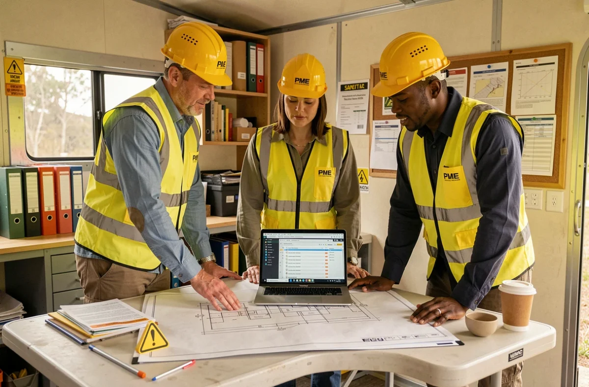 Équipe de professionnels BTP réunis autour d'un plan de chantier et d'un logiciel de gestion de projet dans une baraque de chantier