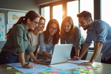 Equipe marketing souriante en réunion dans un bureau lumineux
