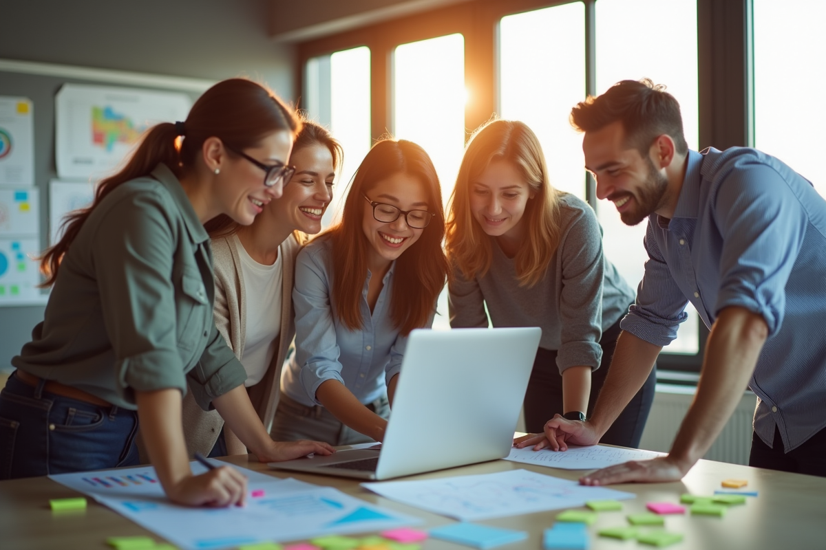Equipe marketing souriante en réunion dans un bureau lumineux